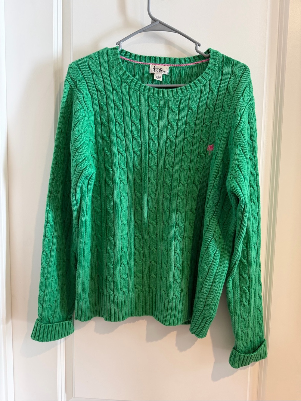 Lilly Pulitzer Kelly Green Cable-Knit Crewneck Sweater with Pink Logo